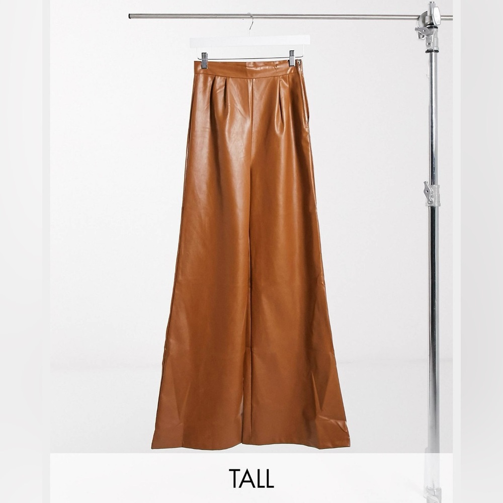 NaaNaa Tall Faux leather wide leg pants in tan
